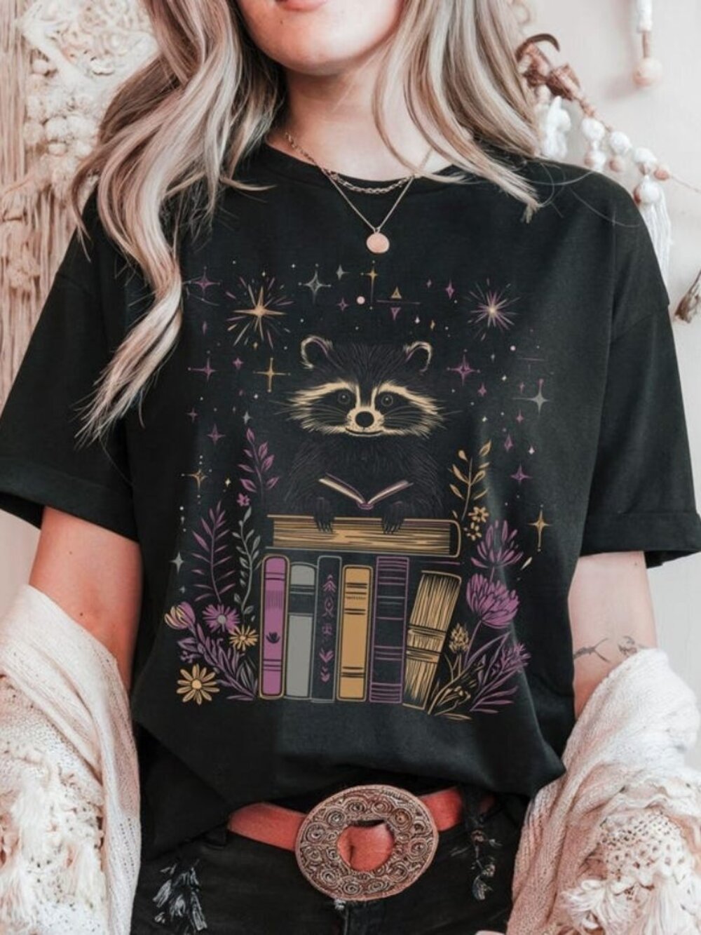 Witchy Raccoon Book Lover Graphic Tee, Dark Academia Cottagecore Shirt